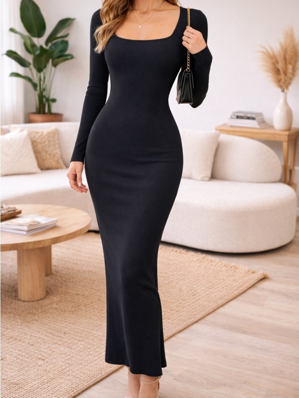Eynmin Black Maxi Dress Square Neck Long Sleeve Soft Ribbed NWT Bodycon Size M